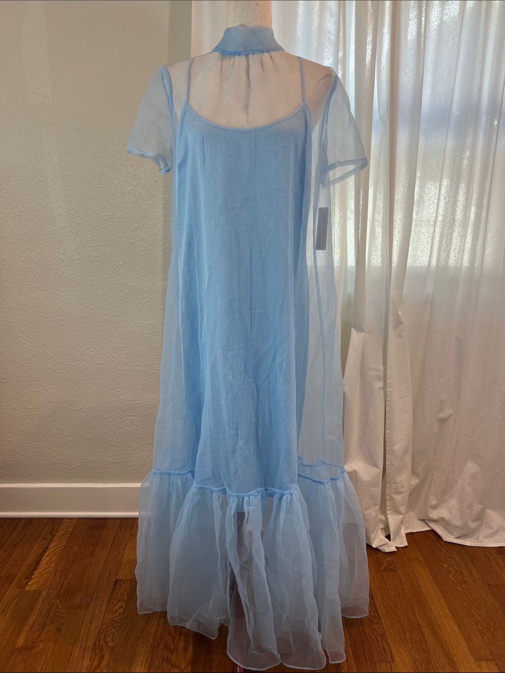 Caara for Few Moda Melody Sheer Tiered Blue Maxi Dress with Slip. Size L. NWT